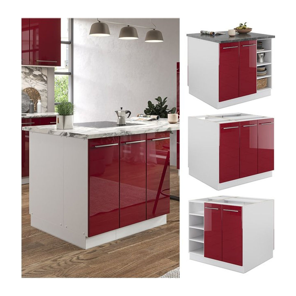 Vicco Kücheninsel Fame-Line Küchenblock in Weiß und Bordeaux-Rot mit Hochglanz-Finish und Softclose-Scharnieren, Breite: 90 cm - Bild 1
