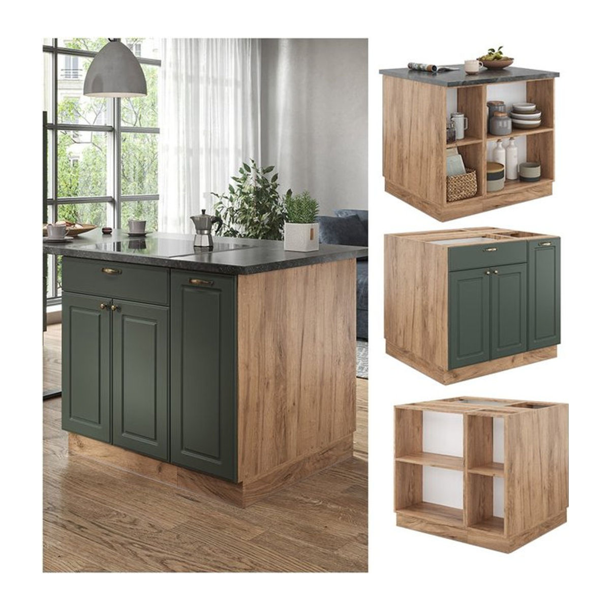 Vicco Kücheninsel Fame-Line Landhaus Eiche Grün Unterschrank mit Softclose-Scharnier Breite: 90 cm - Bild 1