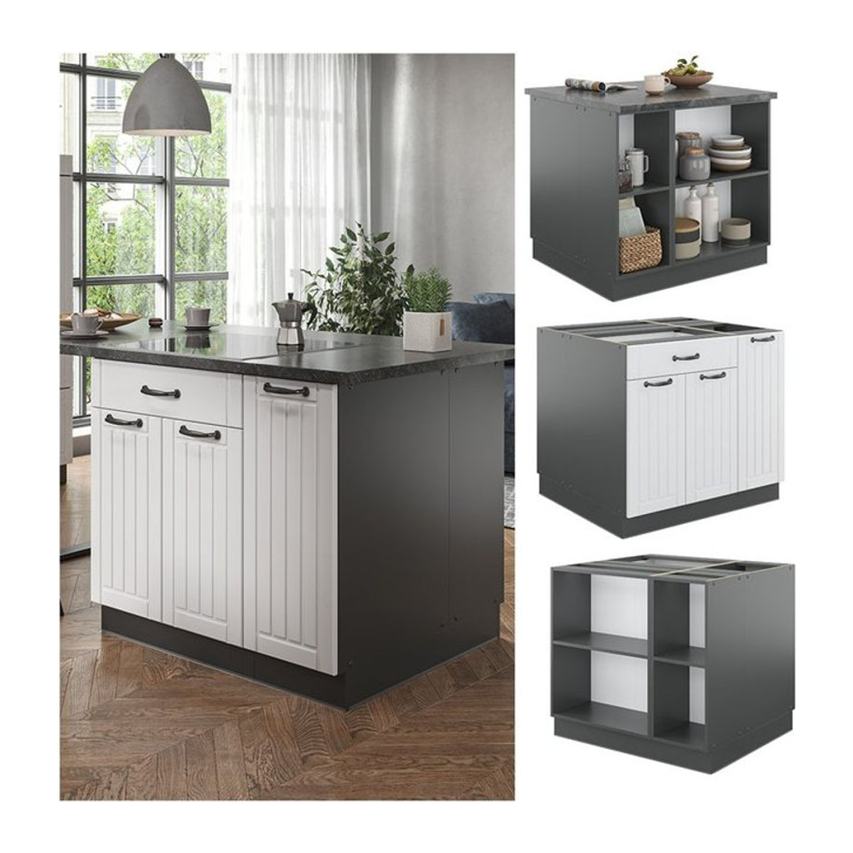 Vicco Kücheninsel Fame-Line Landhaus Unterschrank in Anthrazit und Weiß mit 90 cm Breite und Softclose-Scharnier - Bild 1