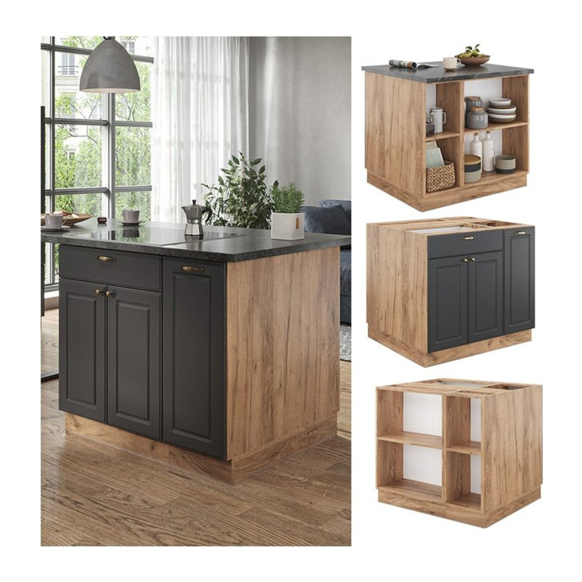 Vicco Kücheninsel Fame-Line Landhaus Unterschrank in Eiche und Anthrazit mit 90 cm Breite und Softclose-Scharnieren - Bild 1
