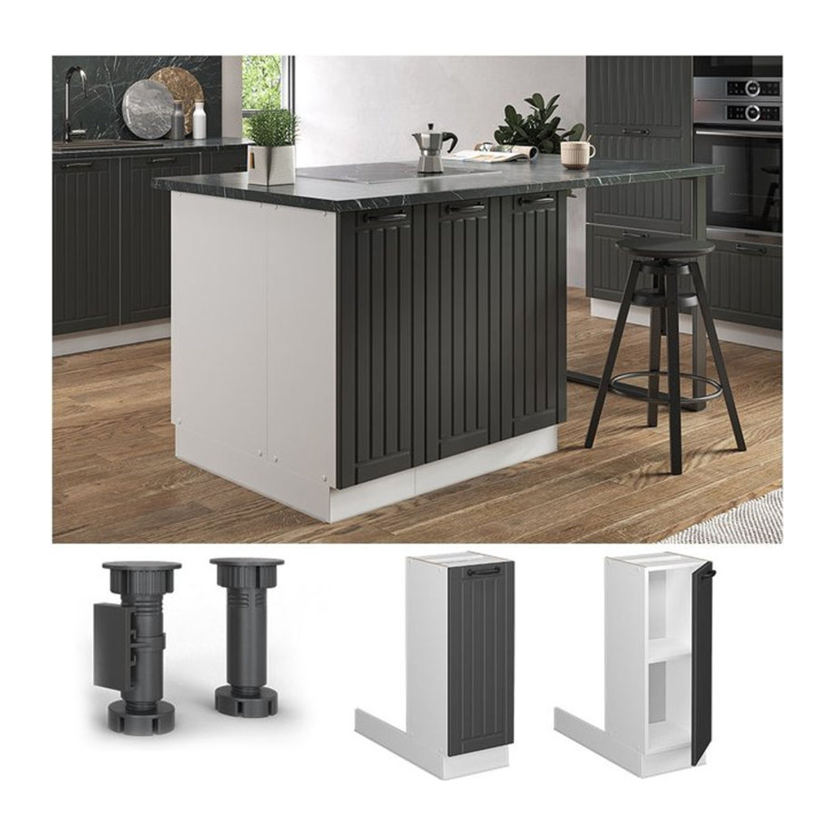 Vicco Kücheninsel Fame-Line Landhaus Unterschrank in Weiß und Anthrazit mit Drehtüren und Einlegeboden Breite: 30 cm - Bild 1
