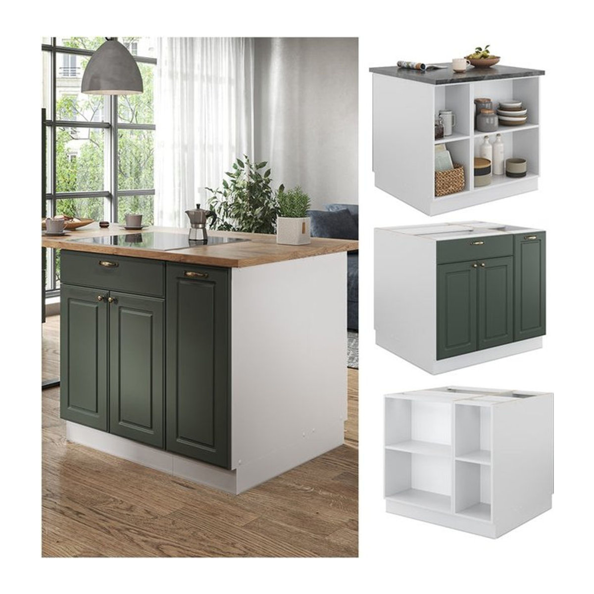 Vicco Kücheninsel Fame-Line Landhaus Unterschrank in Weiß und Grün mit 90 cm Breite und Softclose-Scharnieren - Bild 1