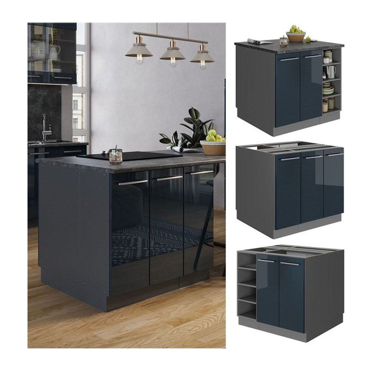 Vicco Kücheninsel Fame-Line Modern in Anthrazit und Dunkelblau Hochglanz mit 90 cm Breite - Bild 1
