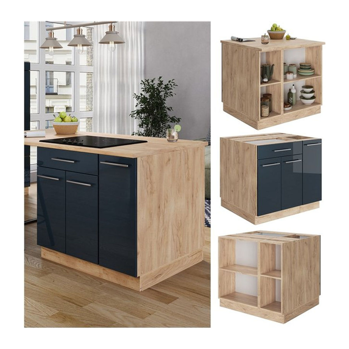 Vicco Kücheninsel Fame-Line Modern in Eiche Dunkel und Blau Hochglanz mit 90 cm Breite offen - Bild 1