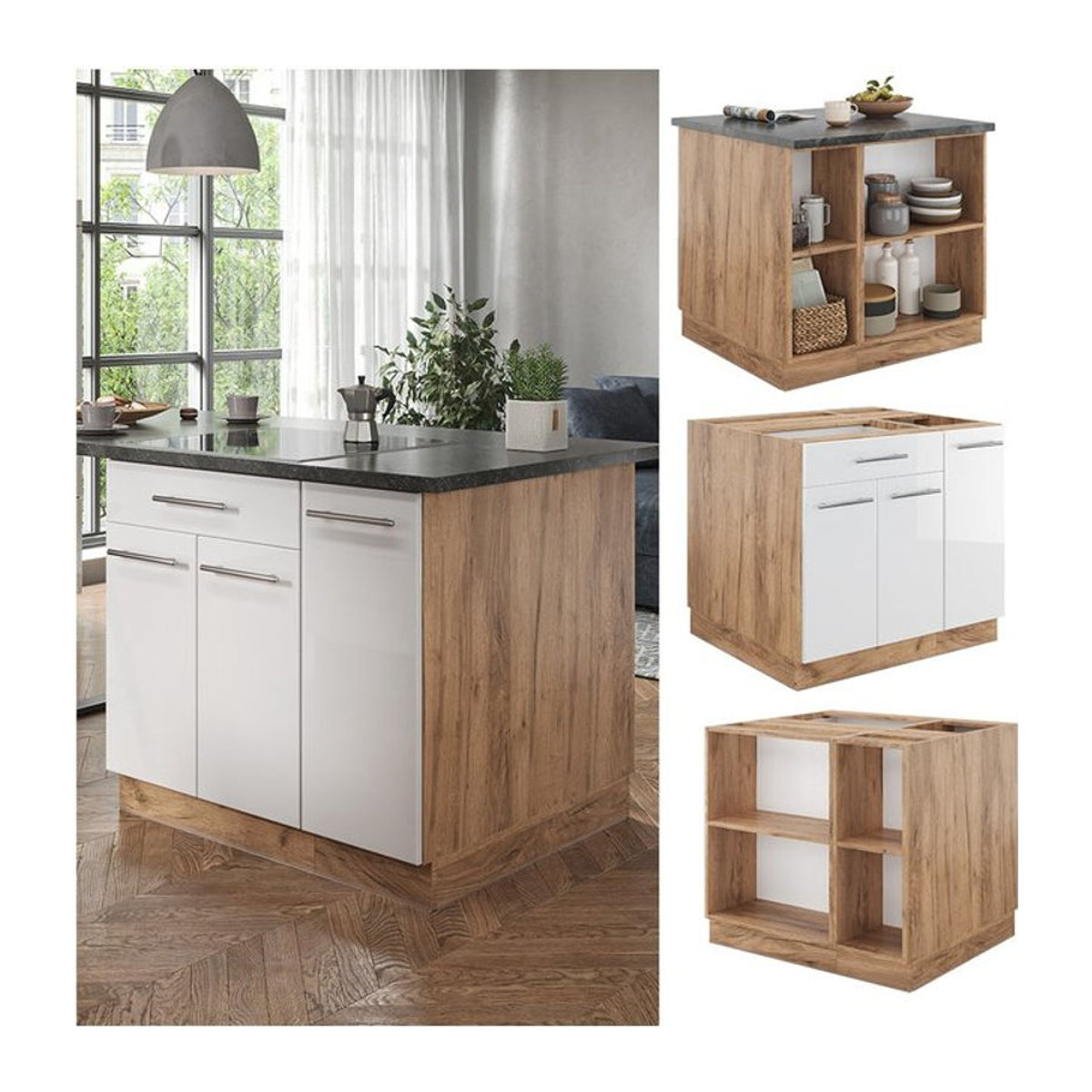 Vicco Kücheninsel Fame-Line Unterschrank in Eiche Natur und Weiß, Breite: 90 cm, modernes Design mit Softclose-Scharnier - Bild 1