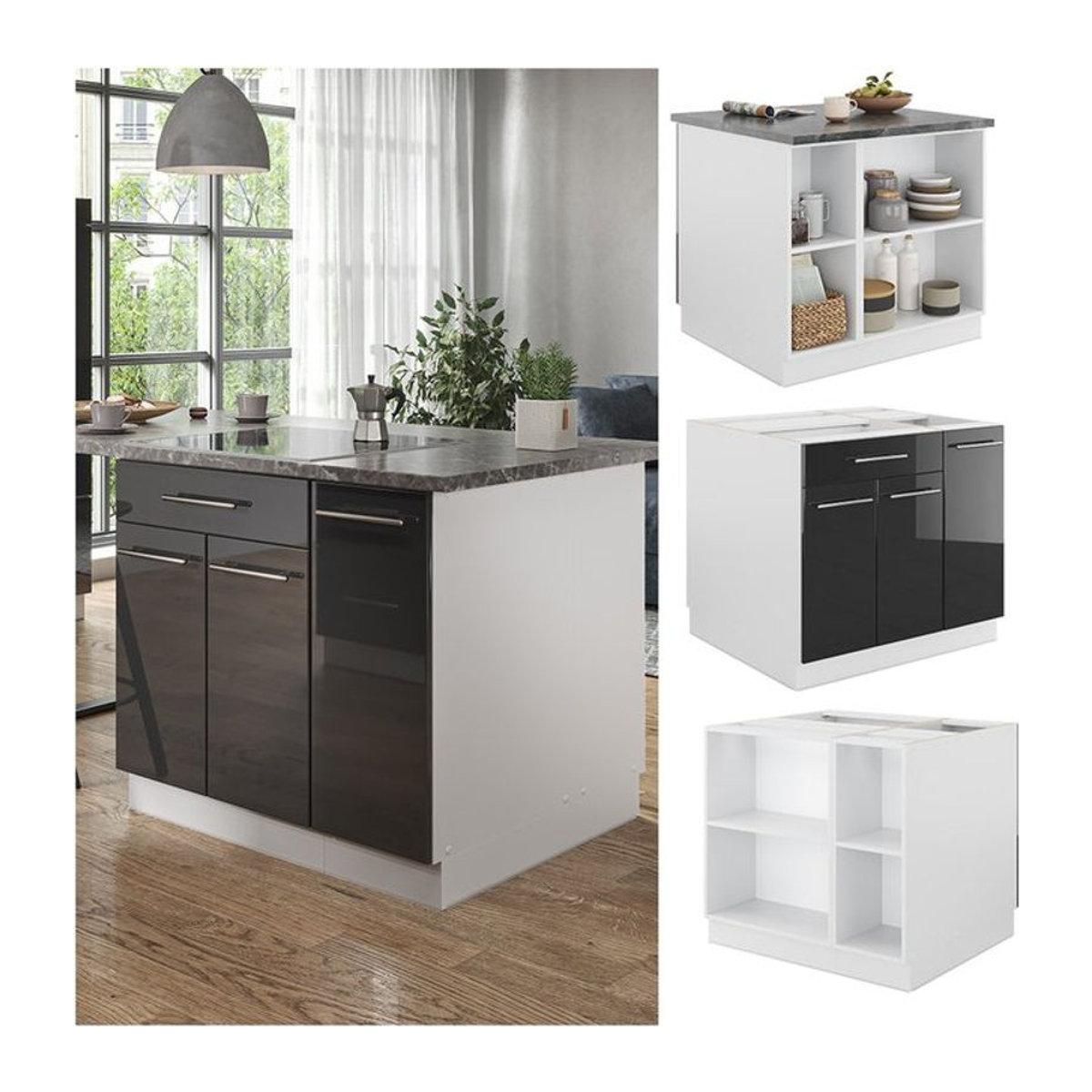 Vicco Kücheninsel Fame-Line Unterschrank in Weiß und Anthrazit mit Hochglanz-Optik, Breite: 90 cm - Bild 1