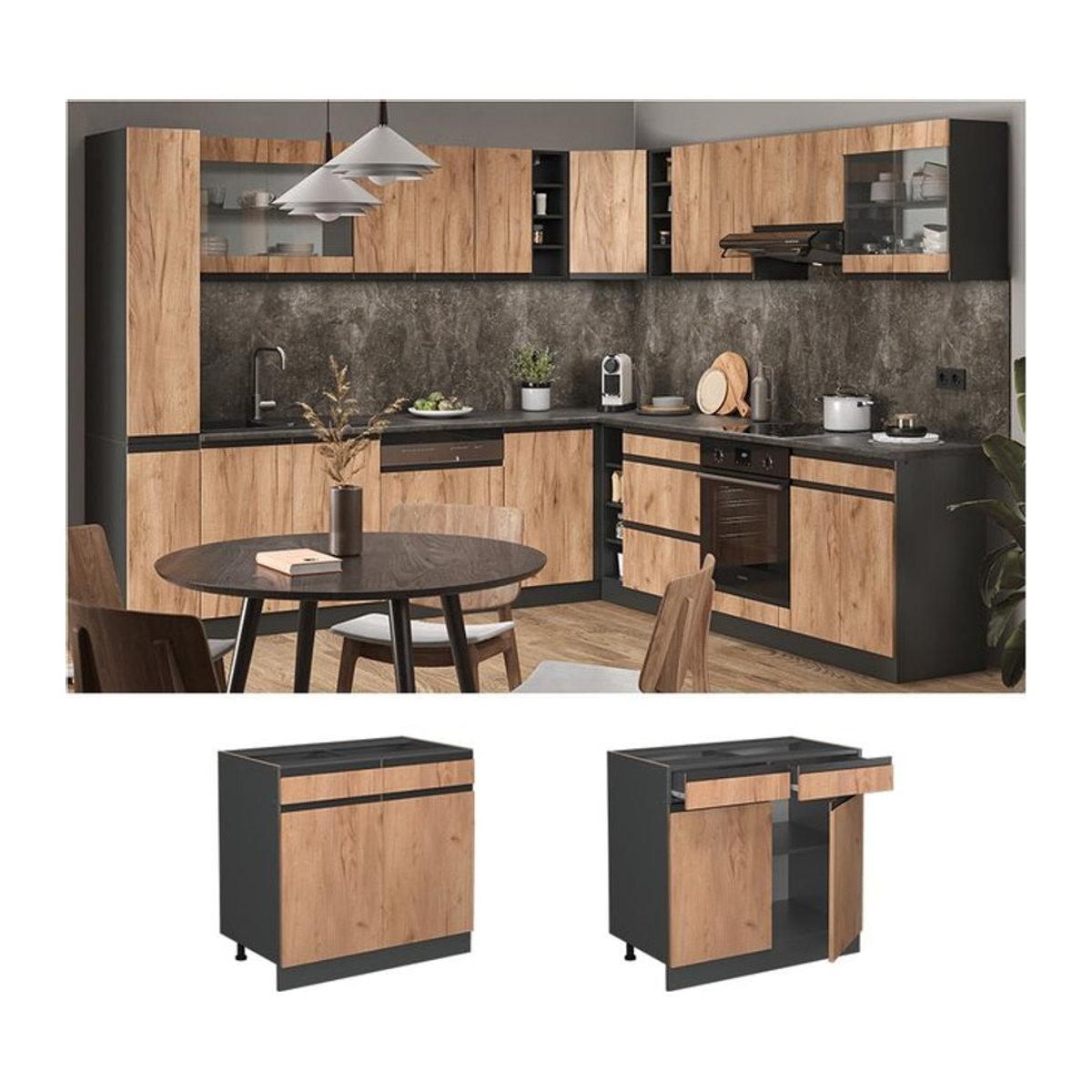 Vicco Küchenschrank R-Line J-Shape Unterschrank mit Drehtüren in Anthrazit und Eiche, Breite: 80 cm - Bild 1