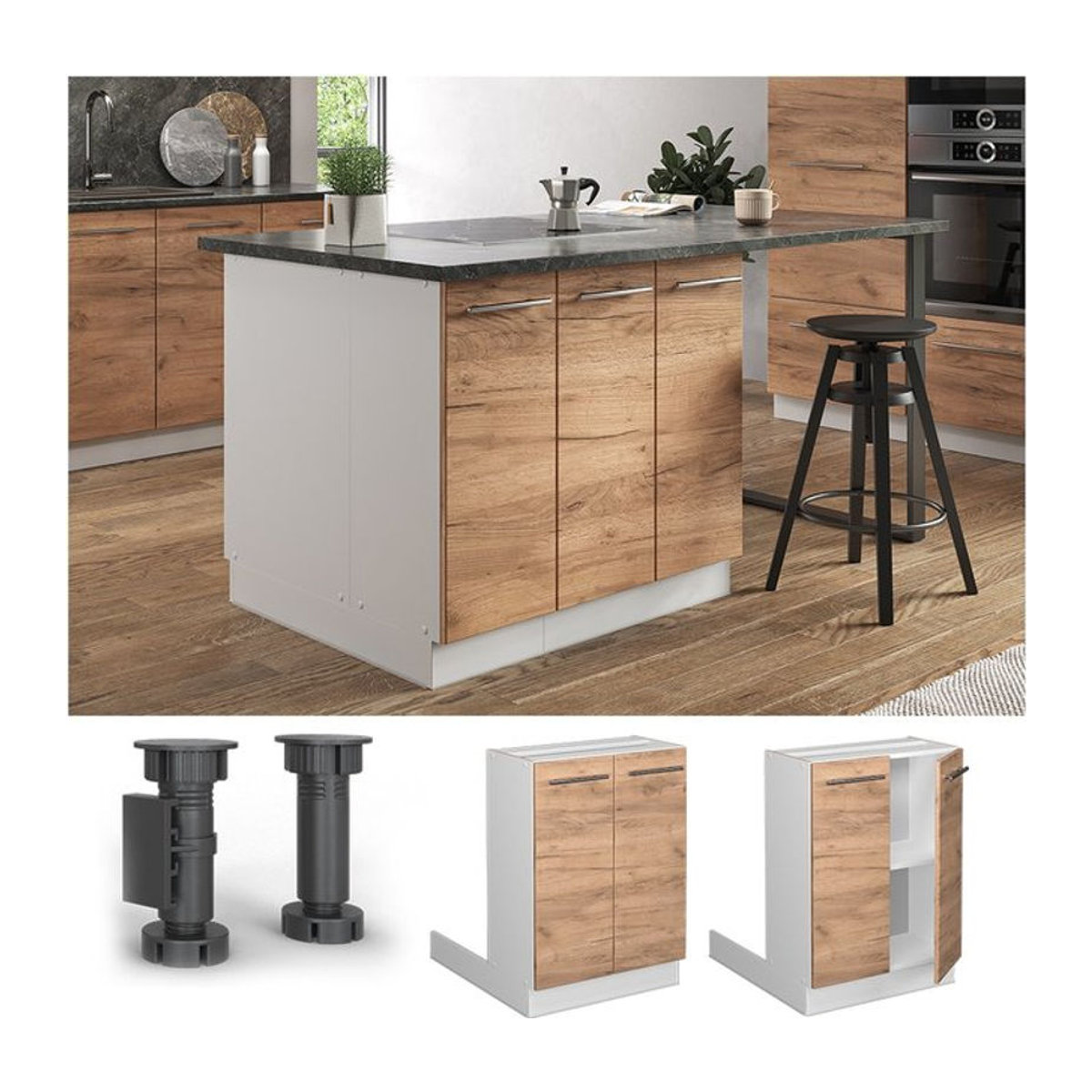 Vicco Küchenunterschrank Fame-Line für Kücheninseln in Weiß und Eiche mit Drehtüren und Einlegeboden, Breite: 60 cm - Bild 1