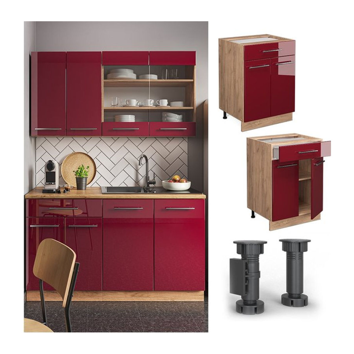 Vicco Küchenunterschrank Fame-Line in Bordeaux Hochglanz mit Schublade und Drehtür, Eiche Optik, Breite: 60 cm - Bild 1