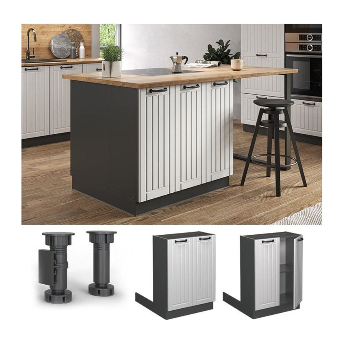 Vicco Küchenunterschrank Fame-Line Landhaus Anthrazit Weiß 60 cm mit Drehtüren und Einlegeboden - Bild 1
