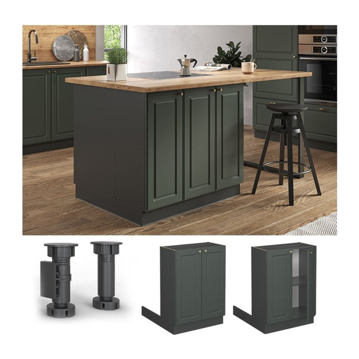 Vicco Küchenunterschrank Fame-Line Landhaus in Anthrazit und Grün mit Drehtüren und Einlegeboden, Breite: 60 cm - Bild 1