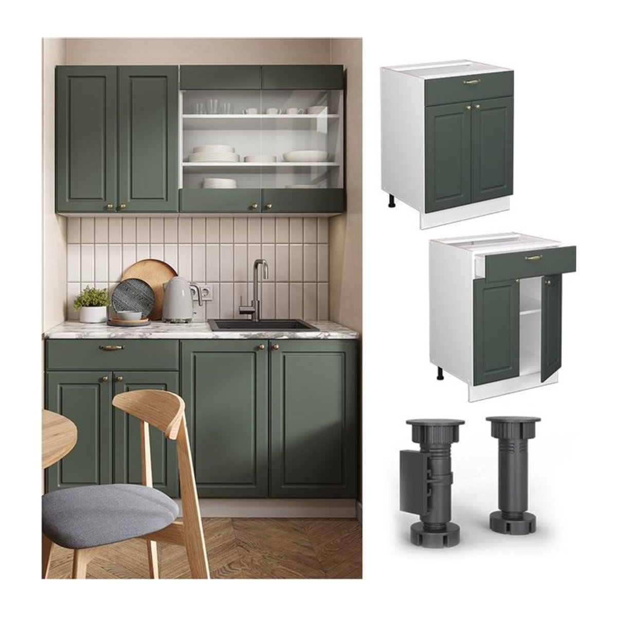 Vicco Küchenunterschrank Fame-Line Landhaus Stil Weiß Grün mit Drehtüren und Schublade Breite: 60 cm - Bild 1