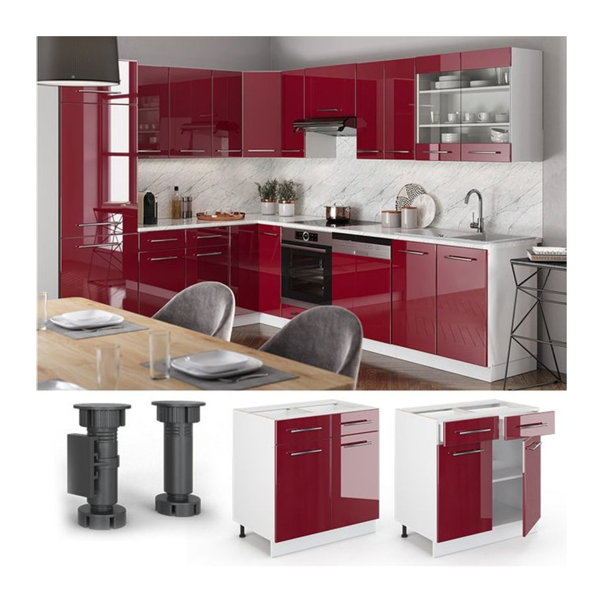 VICCO Küchenunterschrank Fame-Line mit Drehtüren, Breite: 80 cm, Grau/Rot - Bild 1