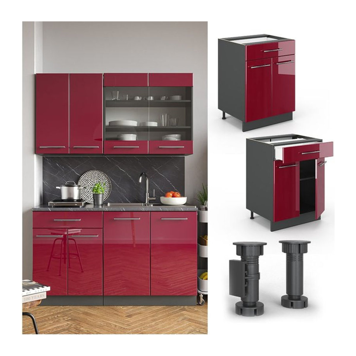 VICCO Küchenunterschrank Fame-Line mit Drehtüren in Rot, Breite: 60 cm - Bild 1