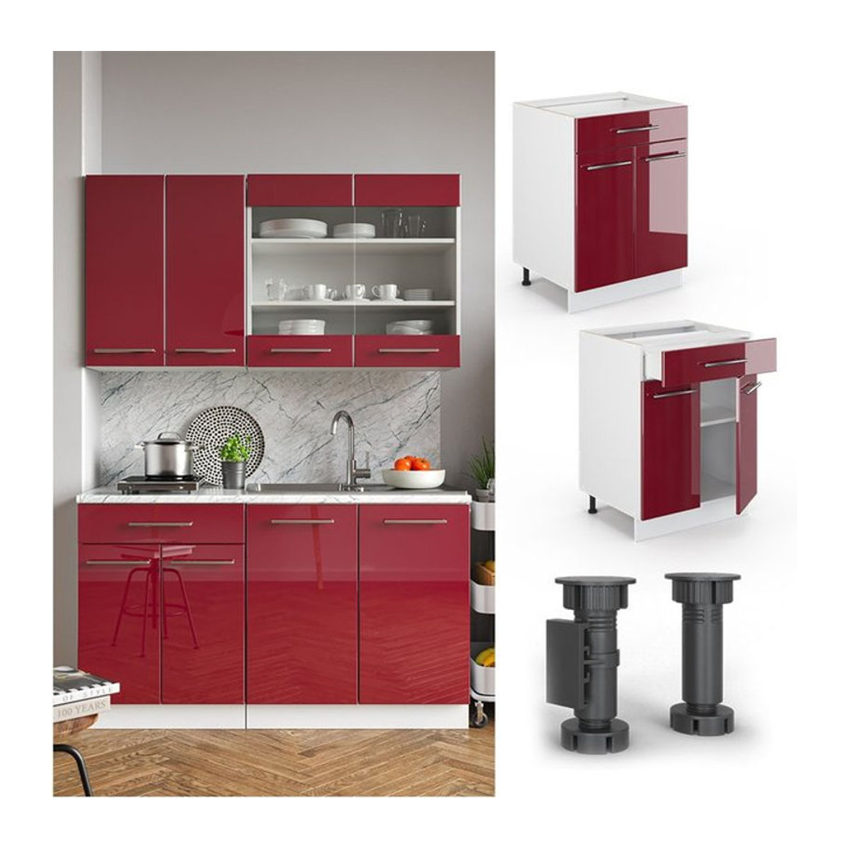 VICCO Küchenunterschrank Fame-Line mit Drehtüren in Rot und Grau, Breite: 60 cm - Bild 1