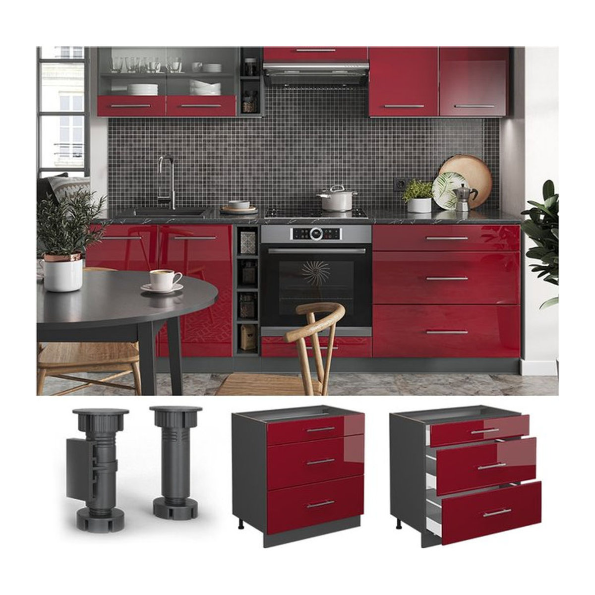 Vicco Küchenunterschrank Fame-Line mit Drehtüren und Schubladen in Anthrazit und Bordeaux Rot, Breite: 80 cm, modernes Hochglanz-Design - Bild 1