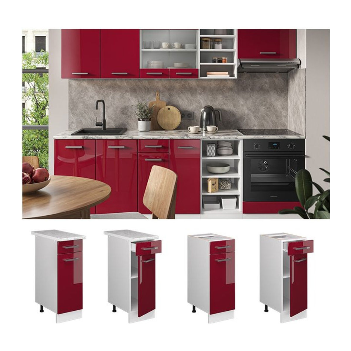 Vicco Küchenunterschrank R-Line in Weiß und Bordeaux mit Marmor-Optik und Drehtüren, Breite: 30 cm, Höhe: 81,6 cm, Tiefe: 60 cm - Bild 1
