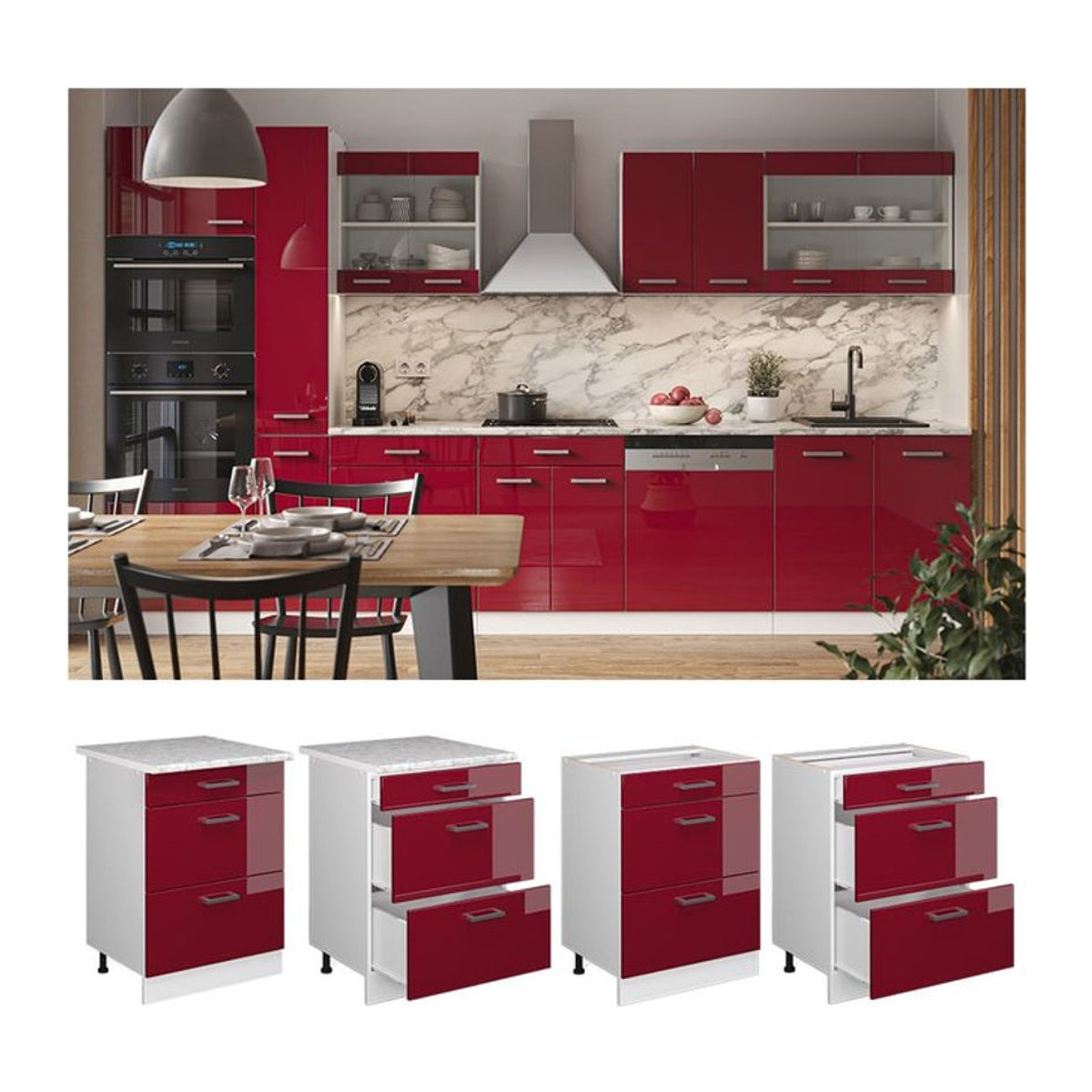 Vicco Küchenunterschrank R-Line in Weiß und Bordeaux mit Schubladen und Marmor-Optik, Breite: 60 cm, Höhe: 81,6 cm, Tiefe: 31,03 cm - Bild 1