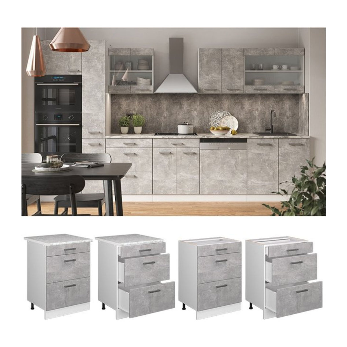 Vicco Küchenunterschrank R-Line in Weiß und Grau mit Beton-Optik und 3 Schubladen, Breite: 60 cm, Höhe: 81,6 cm, Tiefe: 31,03 cm - Bild 1