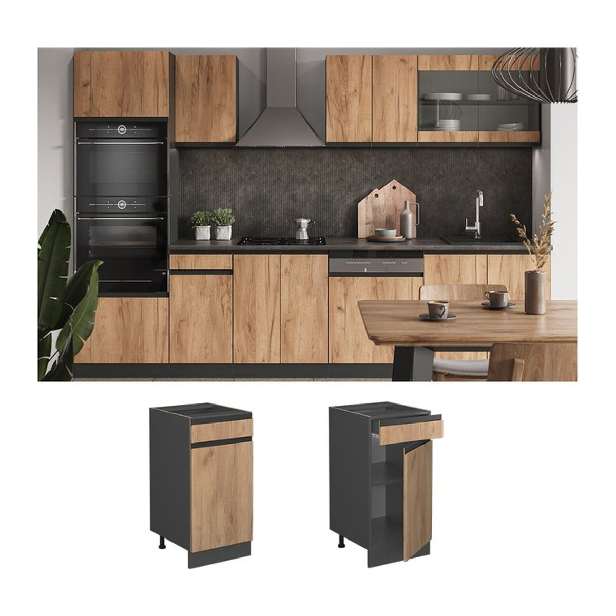 Vicco Küchenunterschrank R-Line J-Shape in Anthrazit und Eiche Natur, modern mit Drehtüren, Breite: 40 cm, Höhe: 81,6 cm, Tiefe: 46 cm - Bild 1