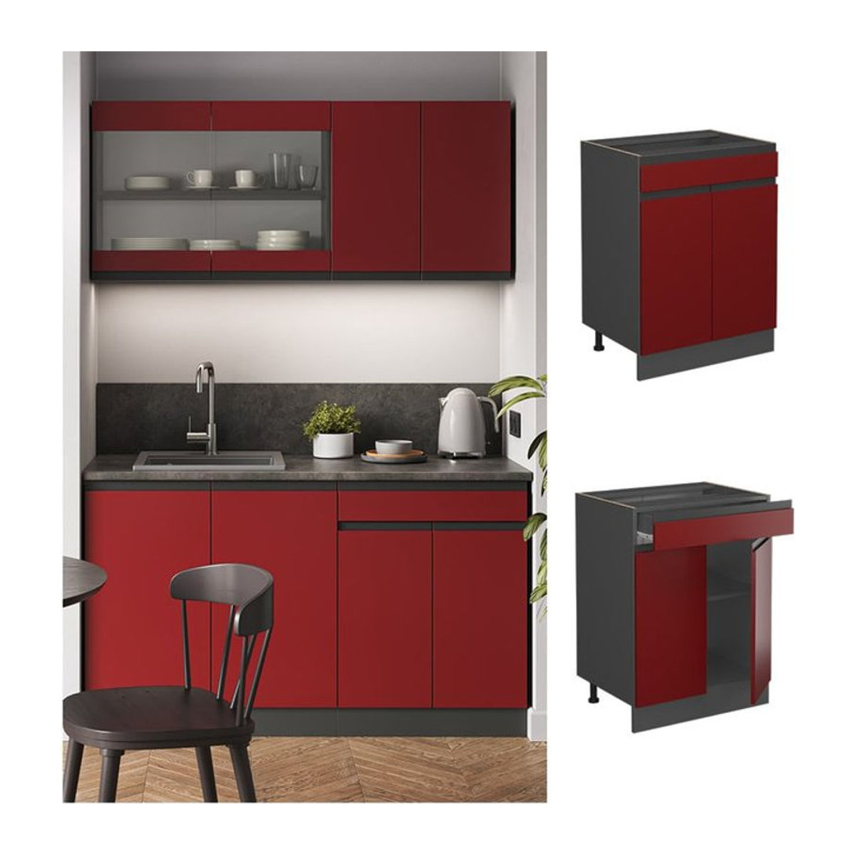 Vicco Küchenunterschrank R-Line J-Shape in Anthrazit und Rot mit Schubladen und Drehtüren, Breite: 60 cm - Bild 1