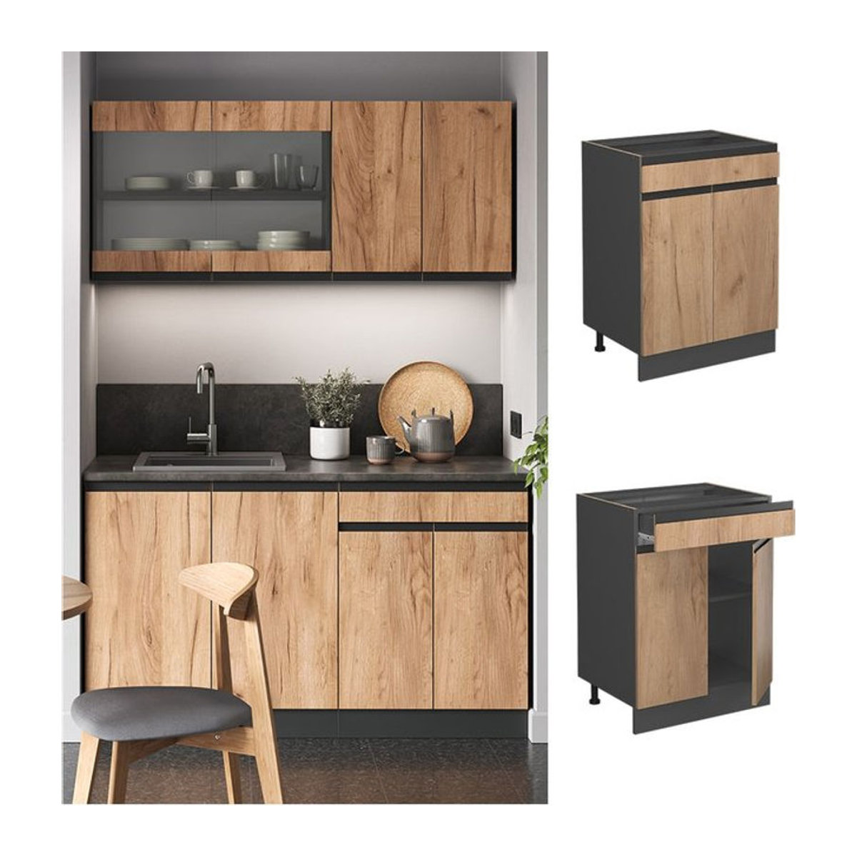 Vicco Küchenunterschrank R-Line J-Shape mit Drehtüren in Anthrazit und Eiche, Breite: 60 cm - Bild 1