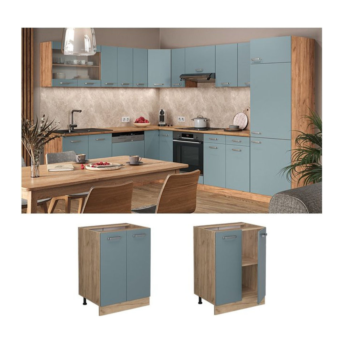 Vicco Küchenunterschrank R-Line mit Drehtüren in Eiche, Blau und Grau, Breite: 60 cm - Bild 1