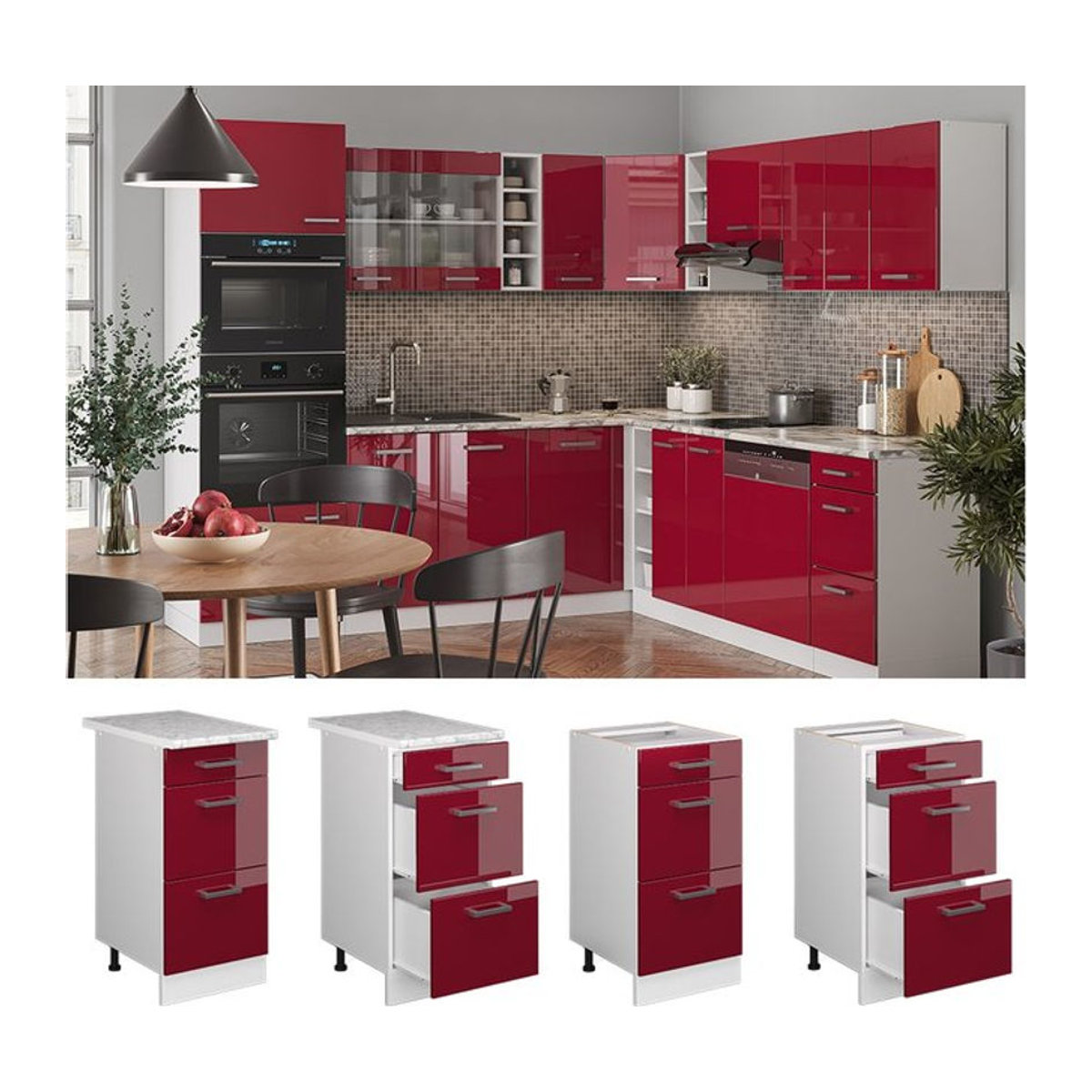 Vicco Küchenunterschrank R-Line mit Schublade in Weiß und Rot, Breite: 40 cm - Bild 1