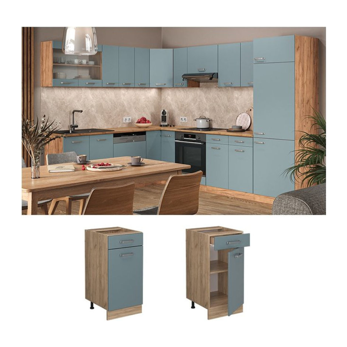 Vicco Küchenunterschrank R-Line mit Schubladen in Eiche, Blau und Grau, Breite: 40 cm - Bild 1