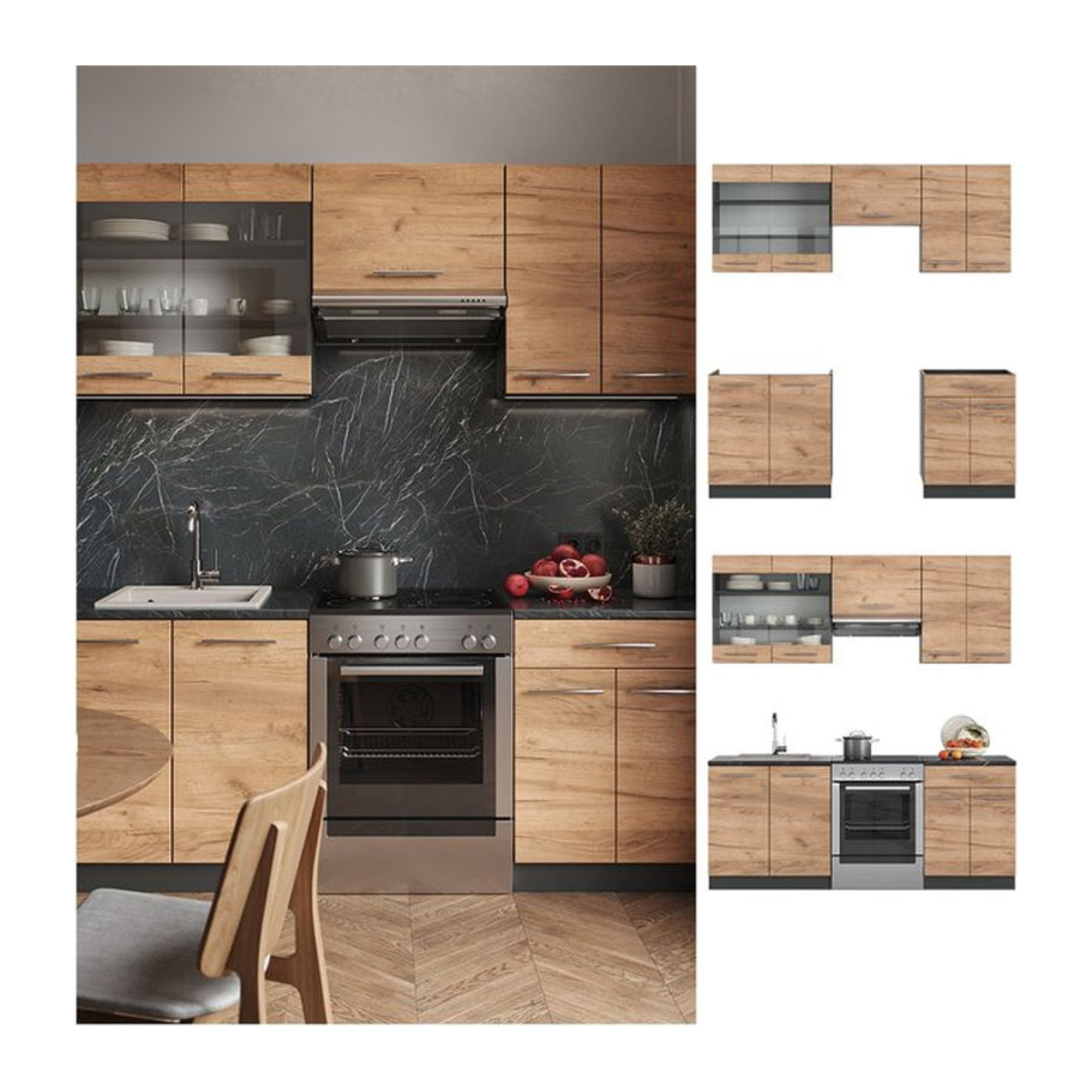 Vicco Küchenzeile Fame-Line Einbauküche in Anthrazit und Eiche Natur, Breite: 200 cm, modern - Bild 1