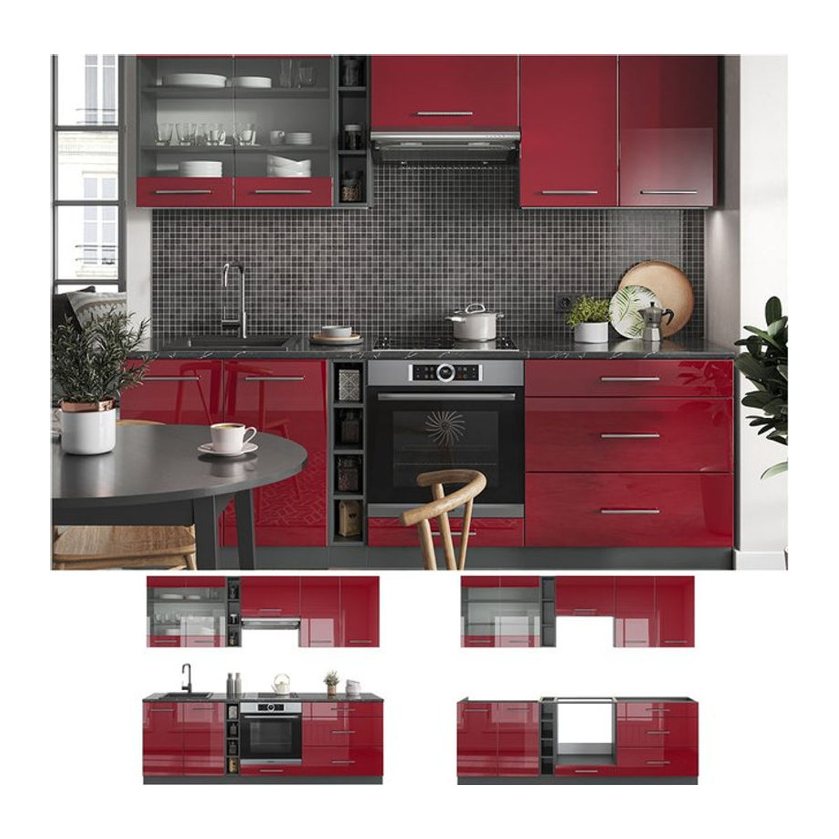 Vicco Küchenzeile Fame-Line Einbauküche in Anthrazit und Rot, modern mit Hochglanz-Finish, Breite: 235 cm - Bild 1