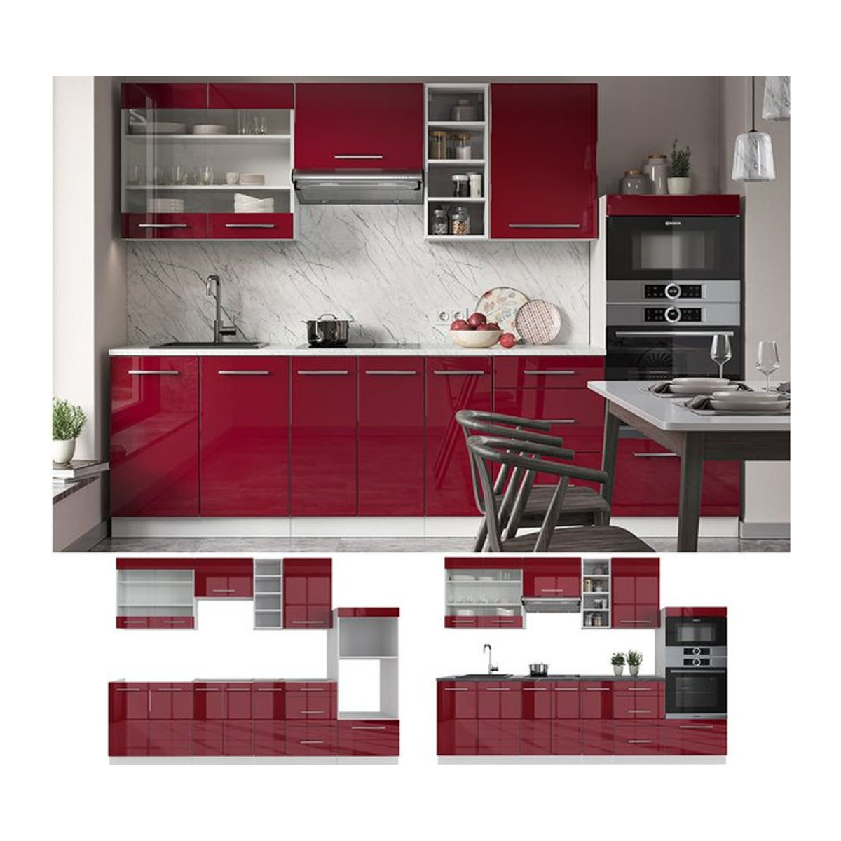 Vicco Küchenzeile Fame-Line Einbauküche in Bordeaux Rot Hochglanz mit Drehtüren, Breite: 280 cm - Bild 1