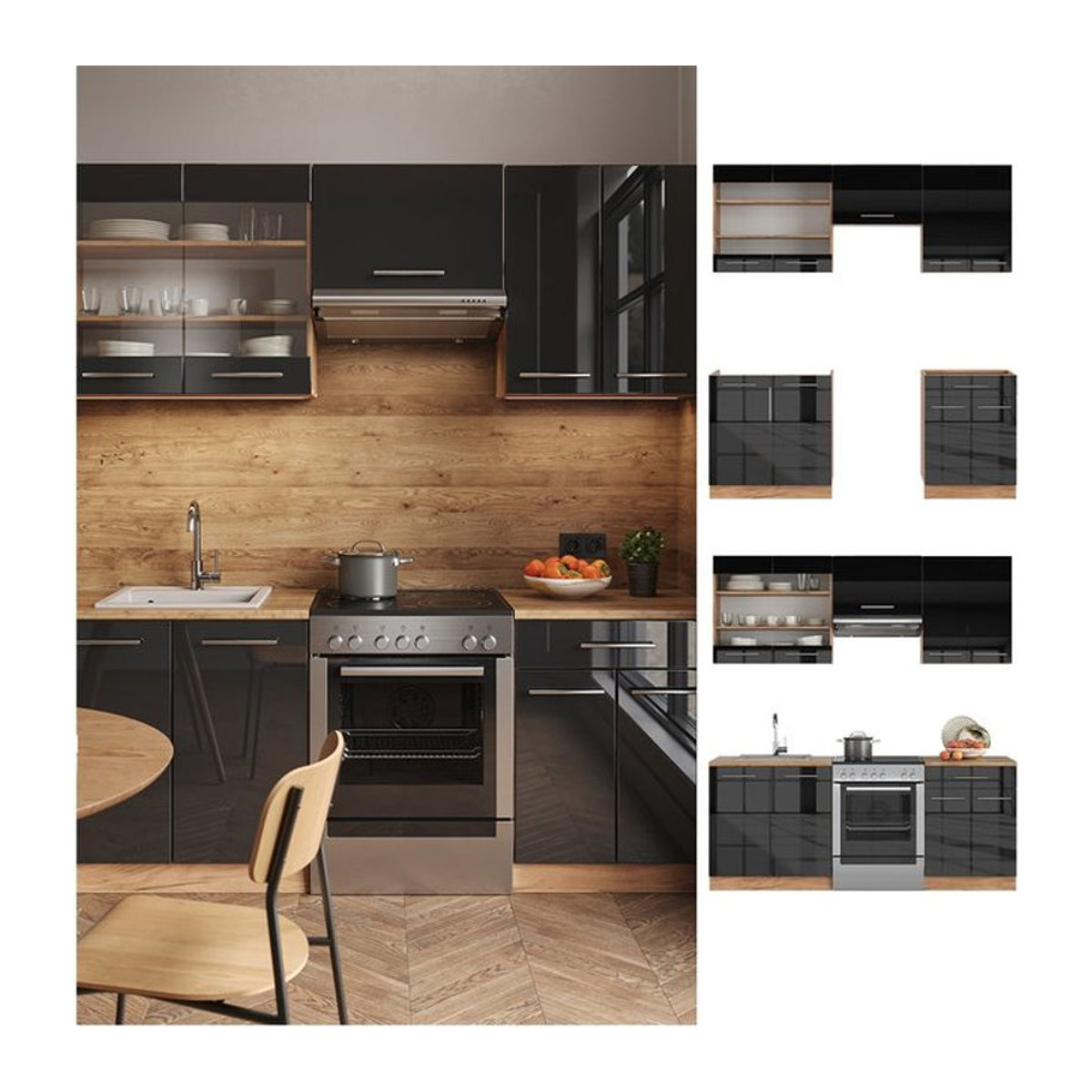 Vicco Küchenzeile Fame-Line Einbauküche in Eiche Natur und Anthrazit, Breite: 200 cm, modernes Küchendesign mit Schränken und Glaselementen - Bild 1