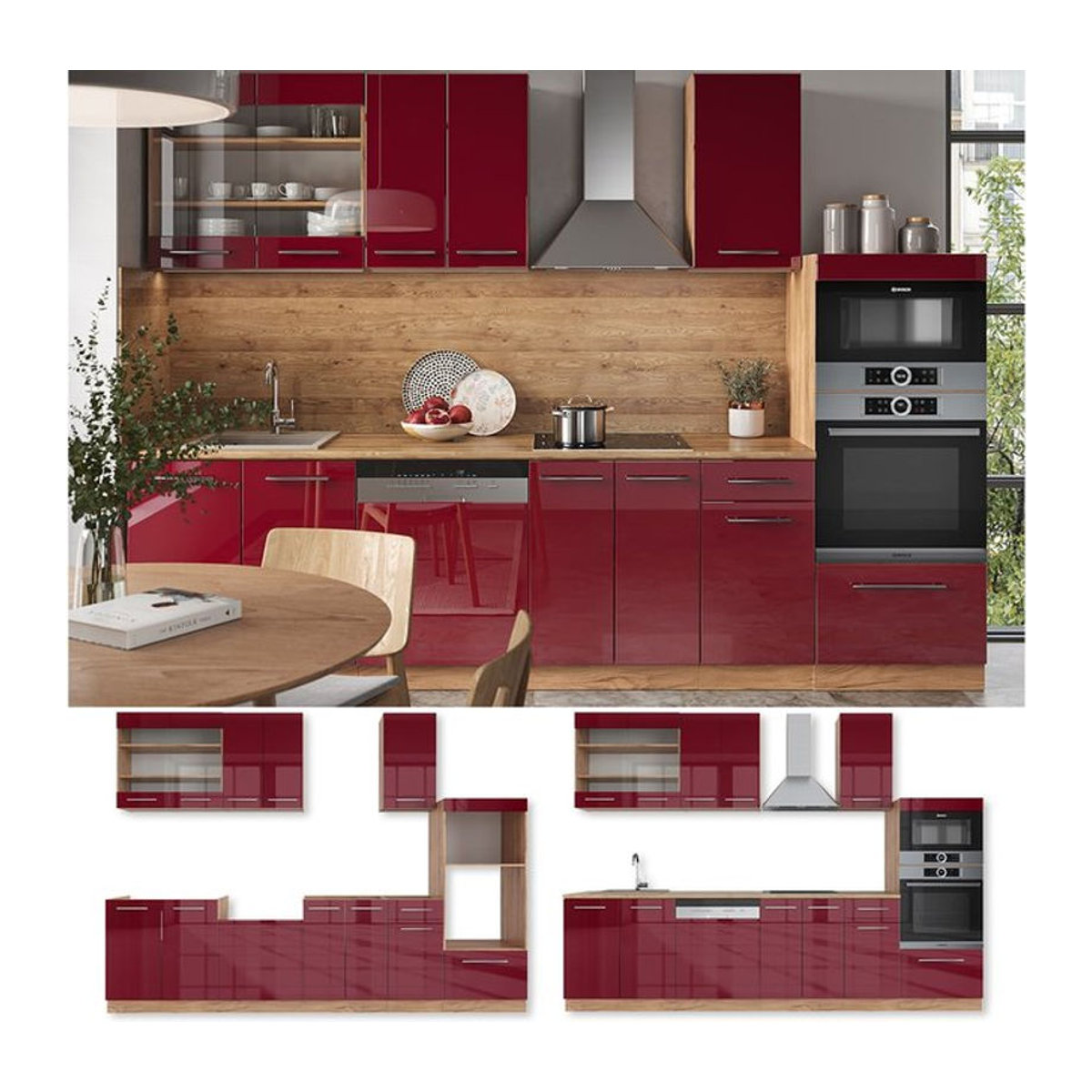 Vicco Küchenzeile Fame-Line Einbauküche in Eiche Natur und Bordeaux Rot, 300 cm breit - Bild 1