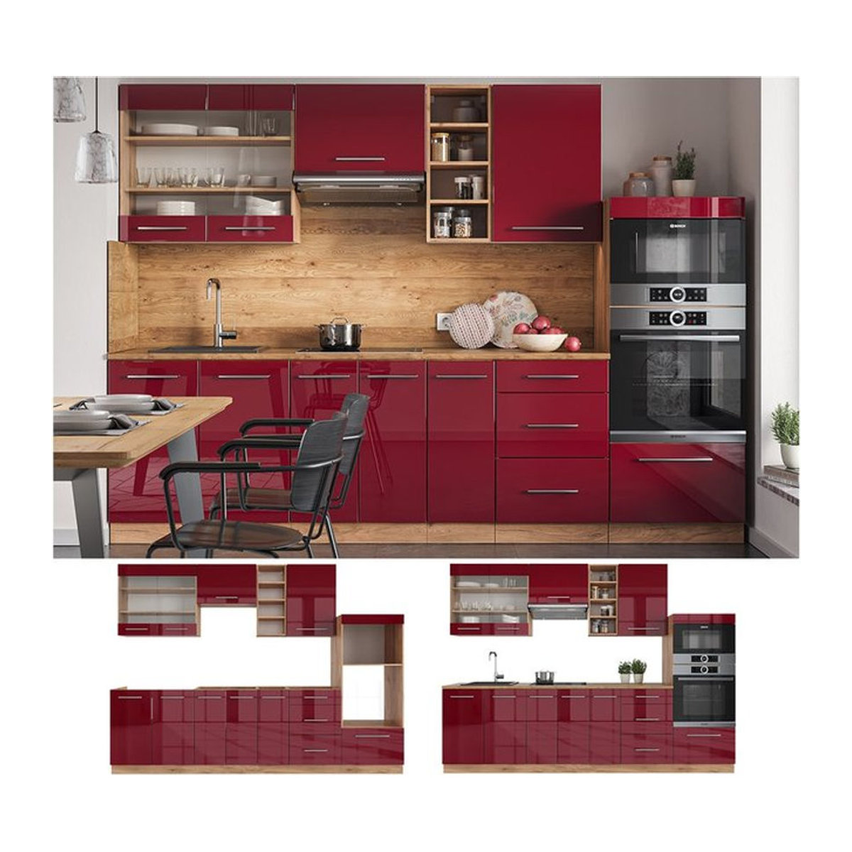 Vicco Küchenzeile Fame-Line Einbauküche in Eiche Natur und Bordeaux Rot, Breite: 280 cm - Bild 1