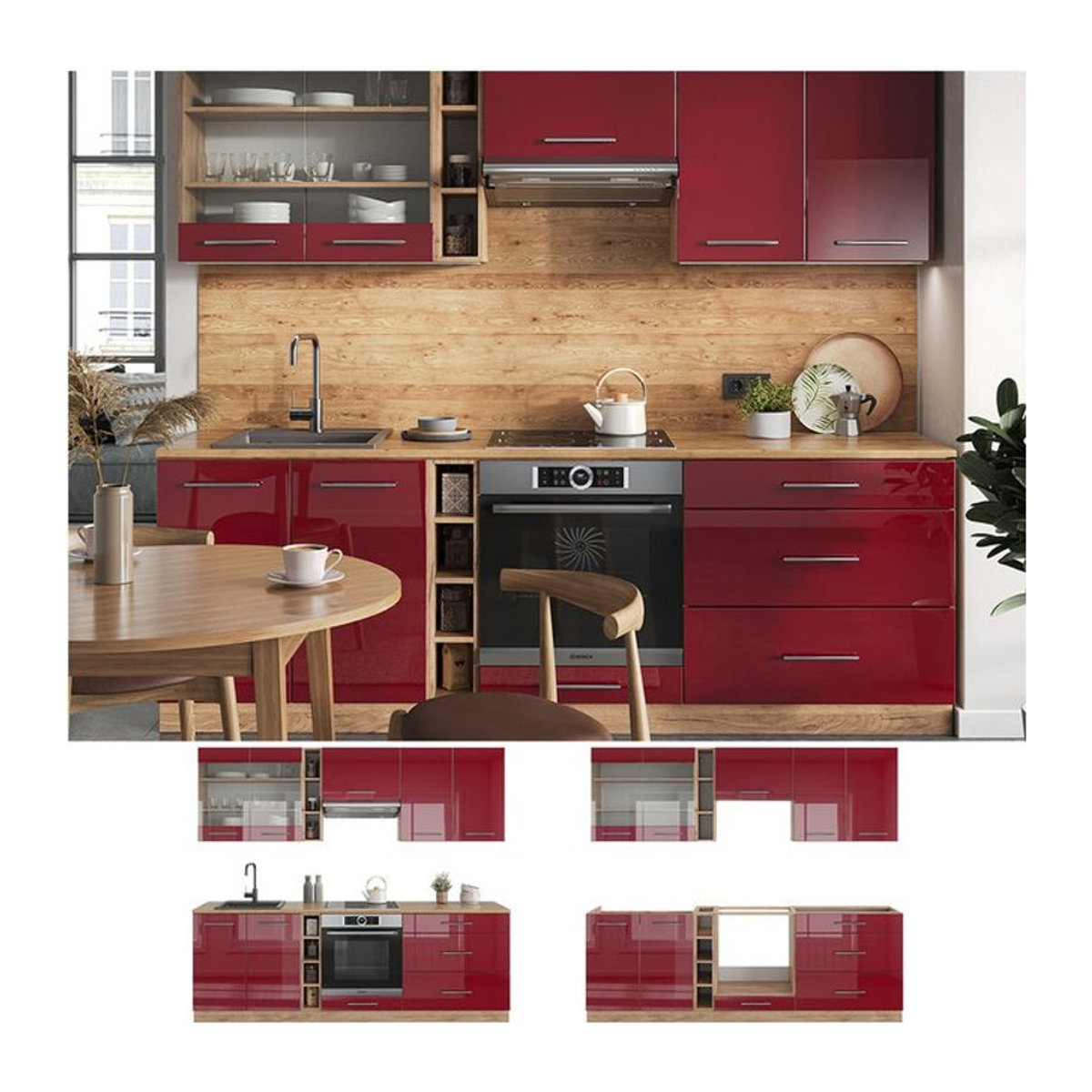 Vicco Küchenzeile Fame-Line Einbauküche in Eiche Natur und Bordeaux Rot, modern mit Hochglanz-Elementen, Breite: 235 cm - Bild 1