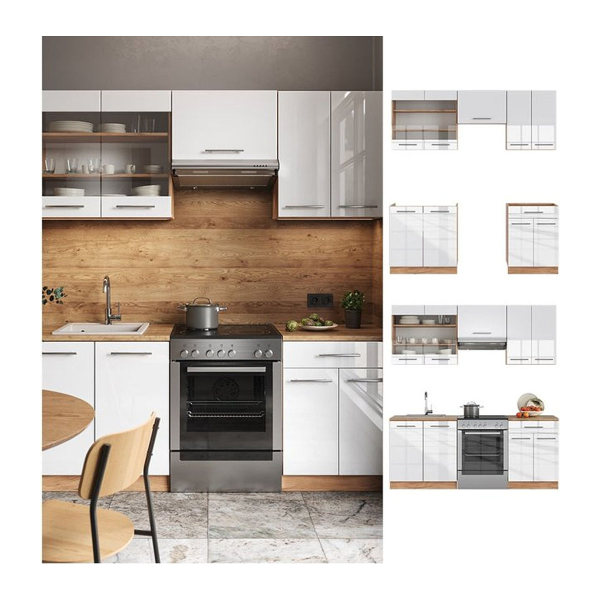 Vicco Küchenzeile Fame-Line Einbauküche in Eiche Natur und Weiß, 200 cm Breite, modernes Design mit Drehtüren - Bild 1