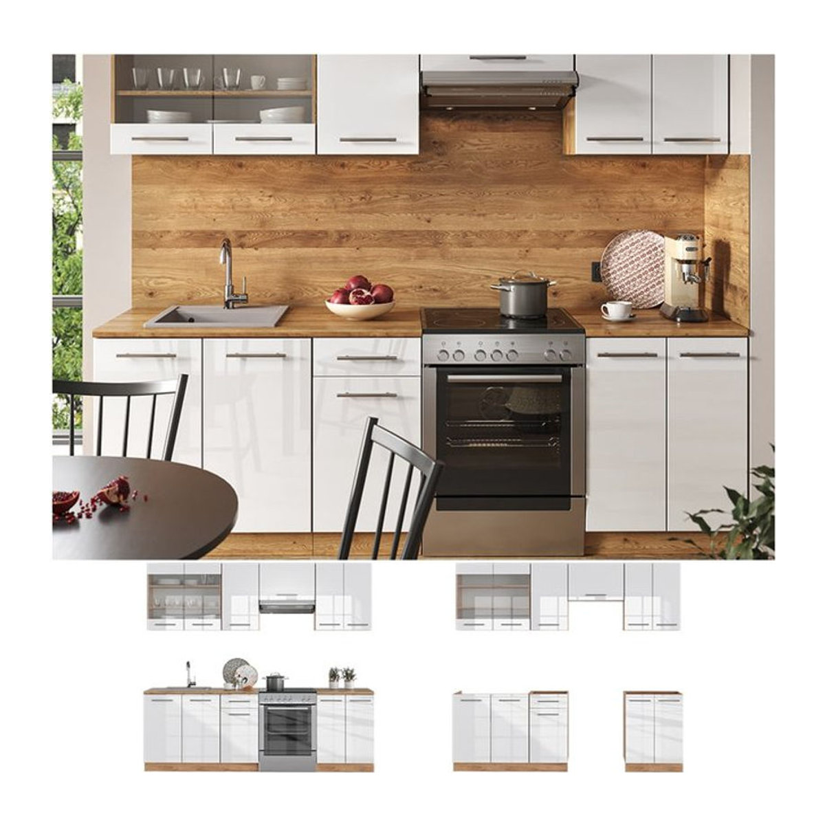 Vicco Küchenzeile Fame-Line Einbauküche in Eiche Natur und Weiß, modern mit Spülenunterschrank, Schubunterschrank und Hängeschränken, Breite: 240 cm - Bild 1