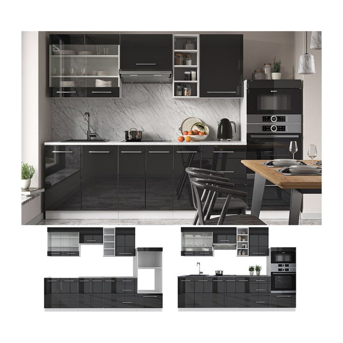Vicco Küchenzeile Fame-Line in Anthrazit Hochglanz mit 280 cm Breite und modernen Drehtüren - Bild 1