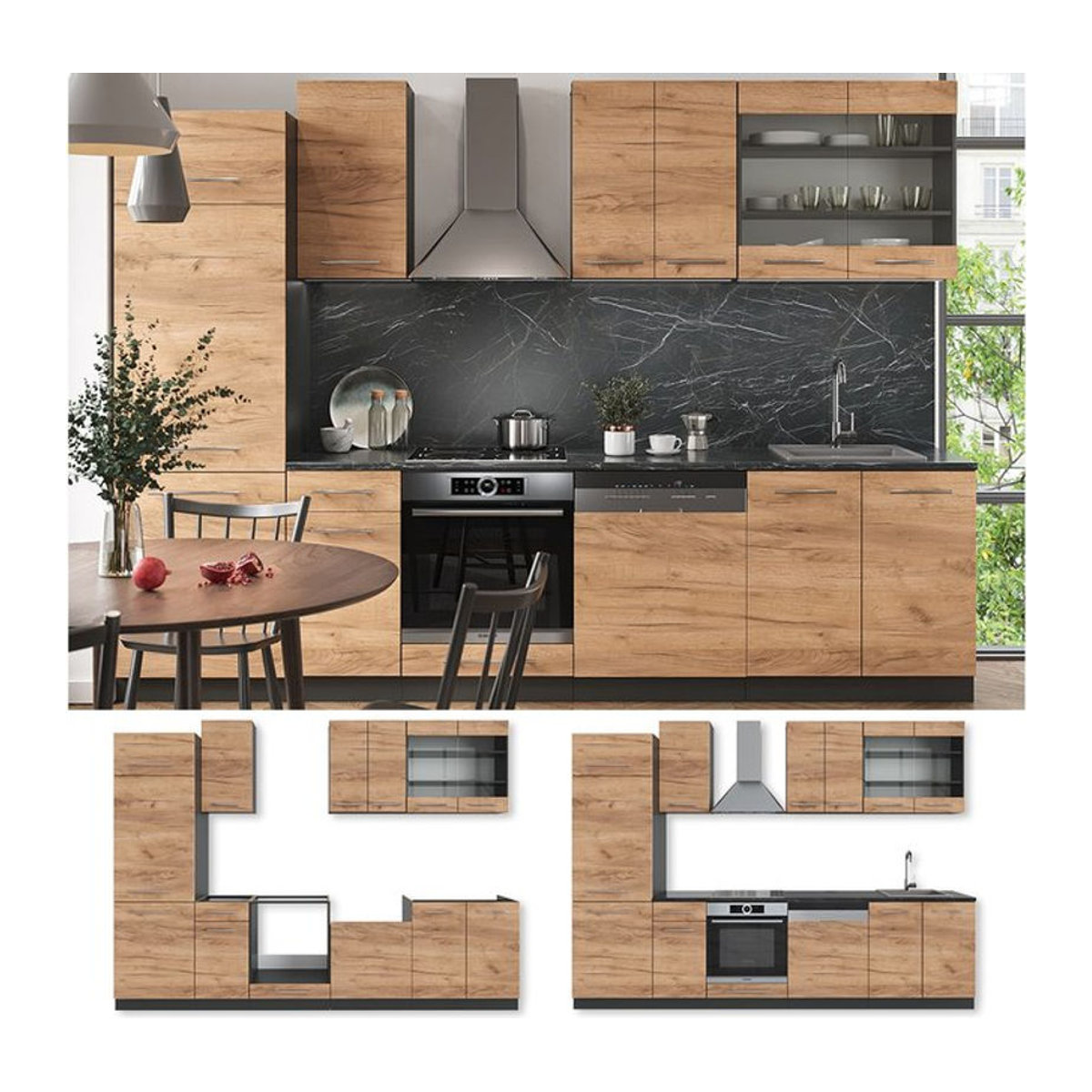 Vicco Küchenzeile Fame-Line in Anthrazit und Eiche Natur, modern, Breite: 300 cm - Bild 1