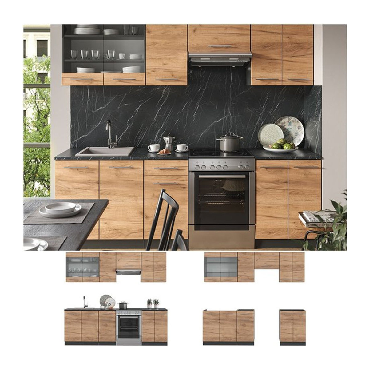 Vicco Küchenzeile Fame-Line in Anthrazit und Eiche Natur, moderne Einbauküche mit 240 cm Breite - Bild 1