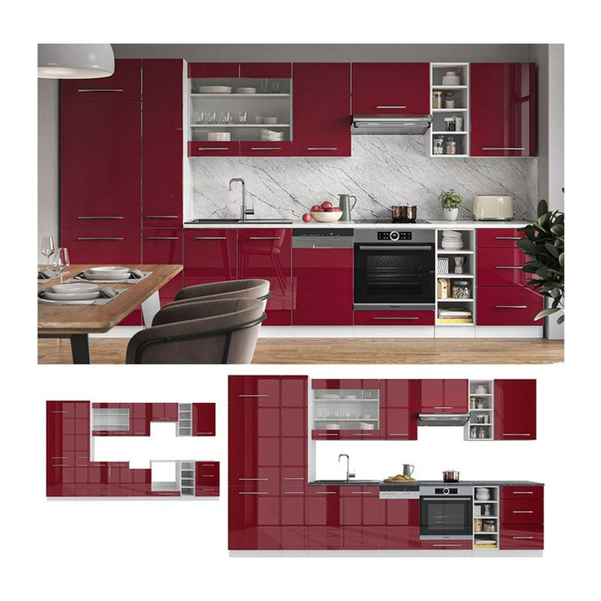 Vicco Küchenzeile Fame-Line in Bordeaux Hochglanz Modern mit Drehtüren Breite: 355 cm - Bild 1