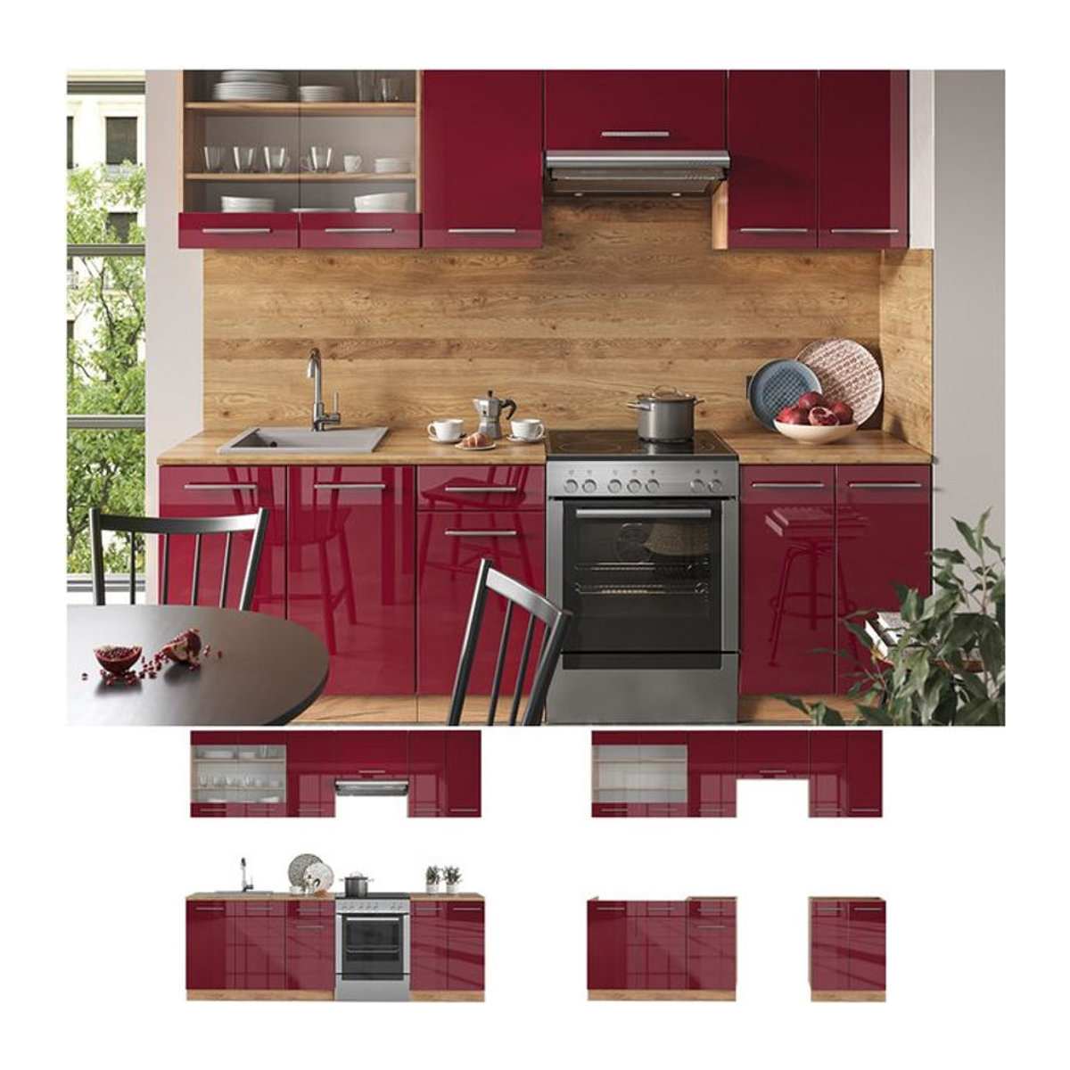 Vicco Küchenzeile Fame-Line in Bordeaux und Eiche Rot, moderne Einbauküche mit Hochglanz-Elementen, Breite: 240 cm - Bild 1