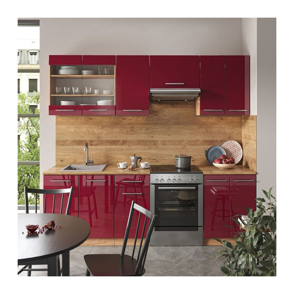 Vicco Küchenzeile Fame-Line in Bordeaux und Eiche Rot, moderne Einbauküche mit Hochglanz-Elementen, Breite: 240 cm - Bild 2
