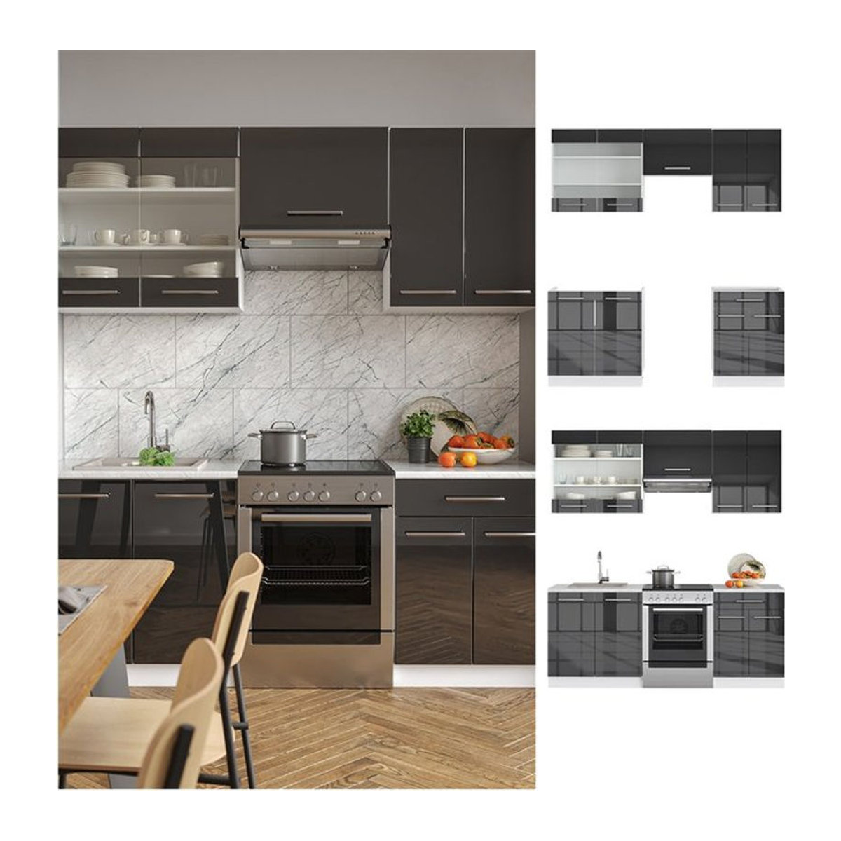 Vicco Küchenzeile Fame-Line in Grau mit modernen Hochglanz Fronten und Drehtüren, Breite: 200 cm - Bild 1