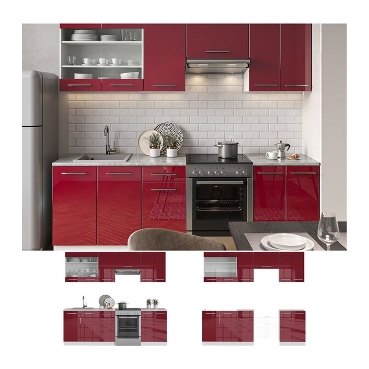 Vicco Küchenzeile Fame-Line in Rot mit Hochglanz Fronten und Drehtüren, Breite: 240 cm - Bild 1