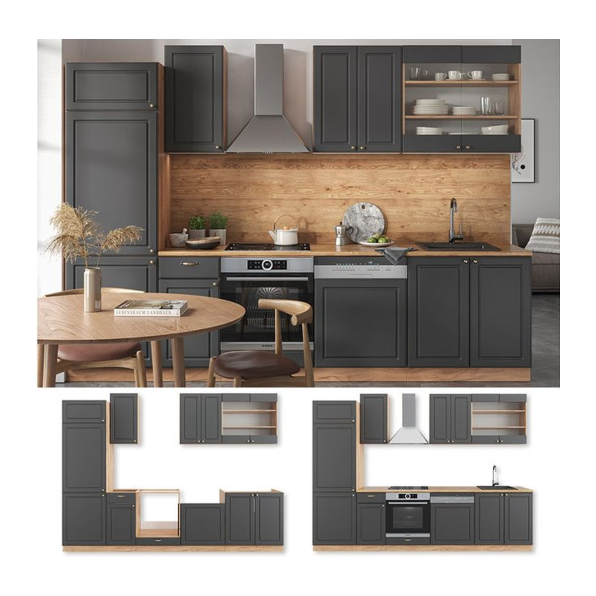 Vicco Küchenzeile Fame-Line Landhaus Eiche Anthrazit Gold 300 cm - Bild 1