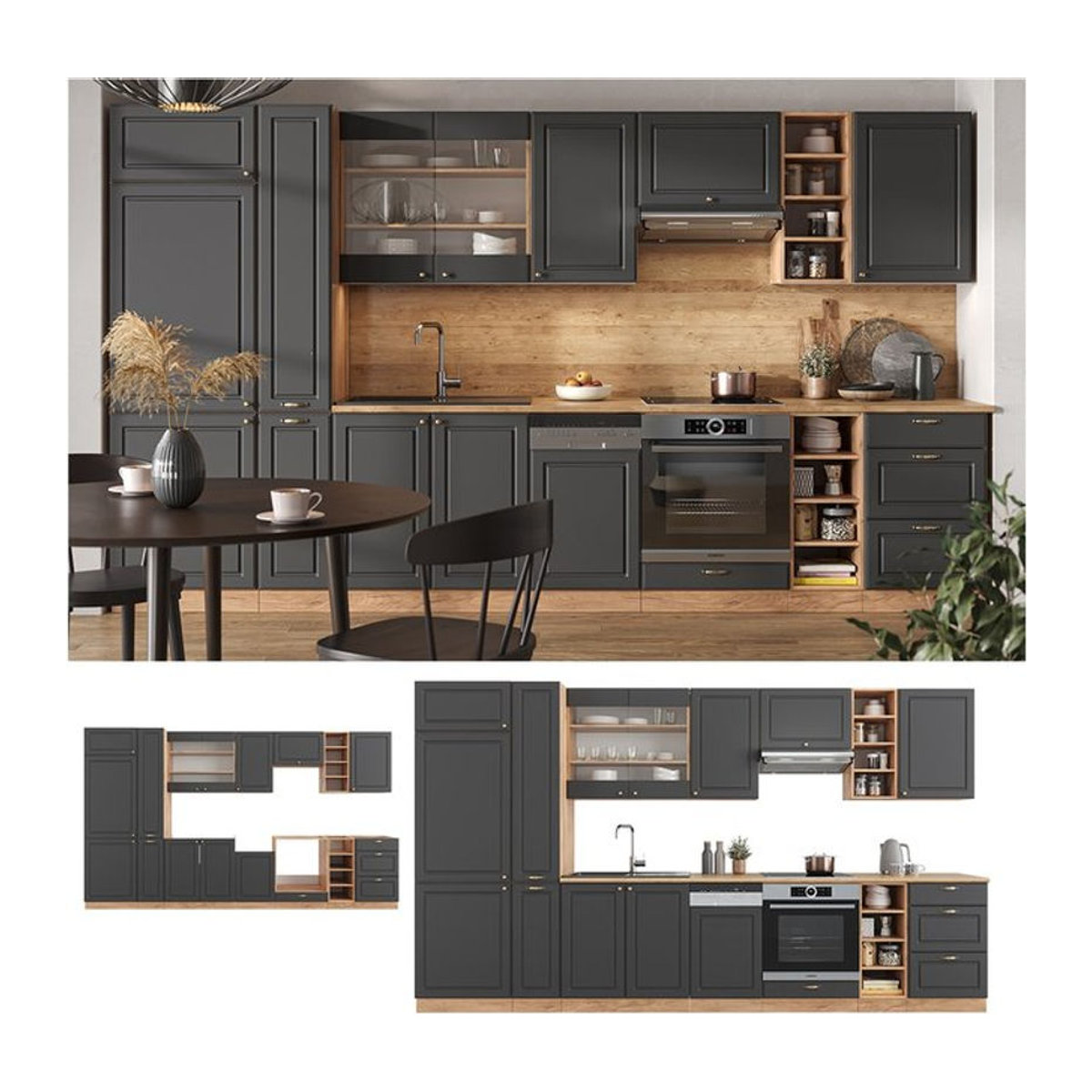 Vicco Küchenzeile Fame-Line Landhaus Eiche Anthrazit Gold 355 cm - Bild 1