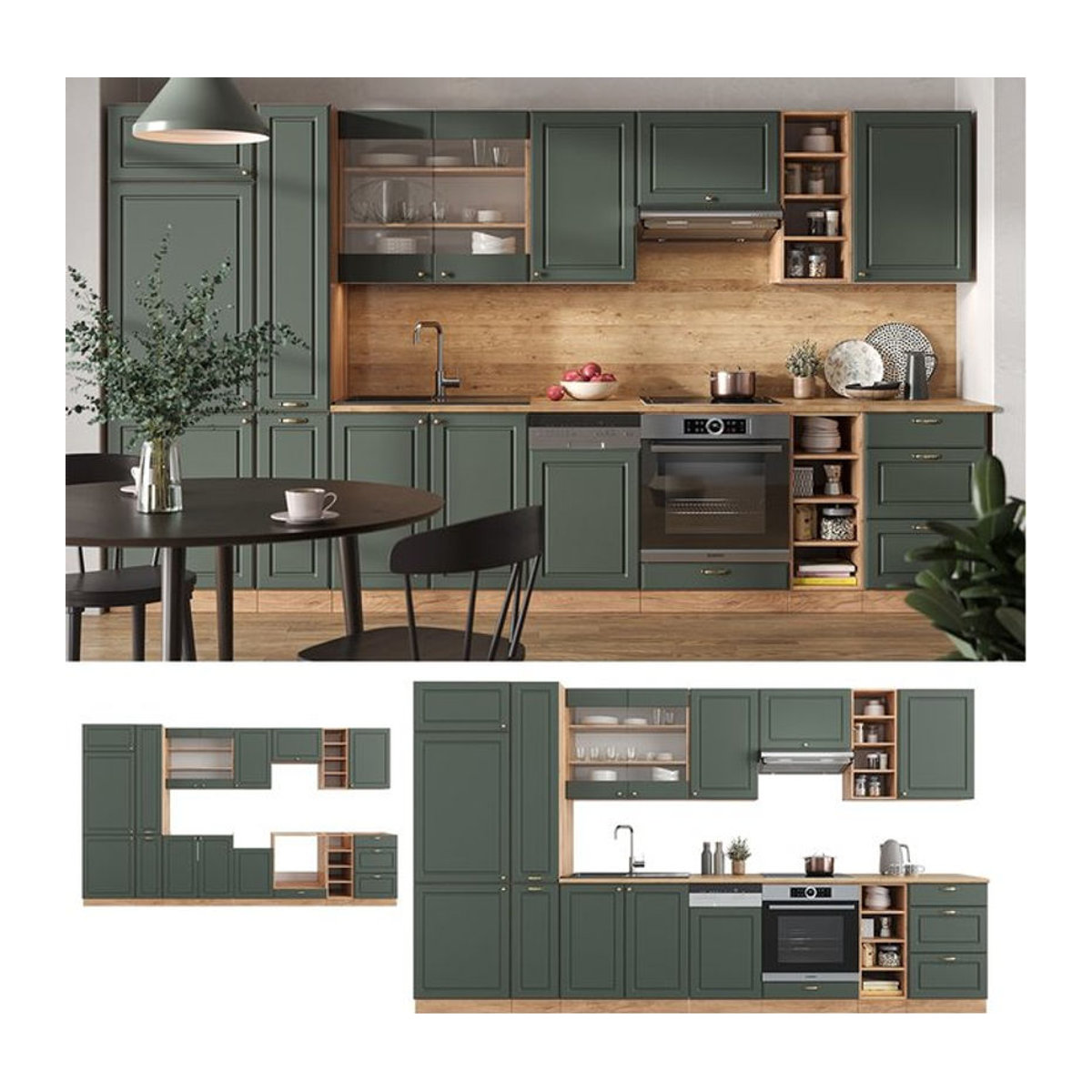 Vicco Küchenzeile Fame-Line Landhaus Eiche Grün Gold 355 cm mit Drehtüren - Bild 1