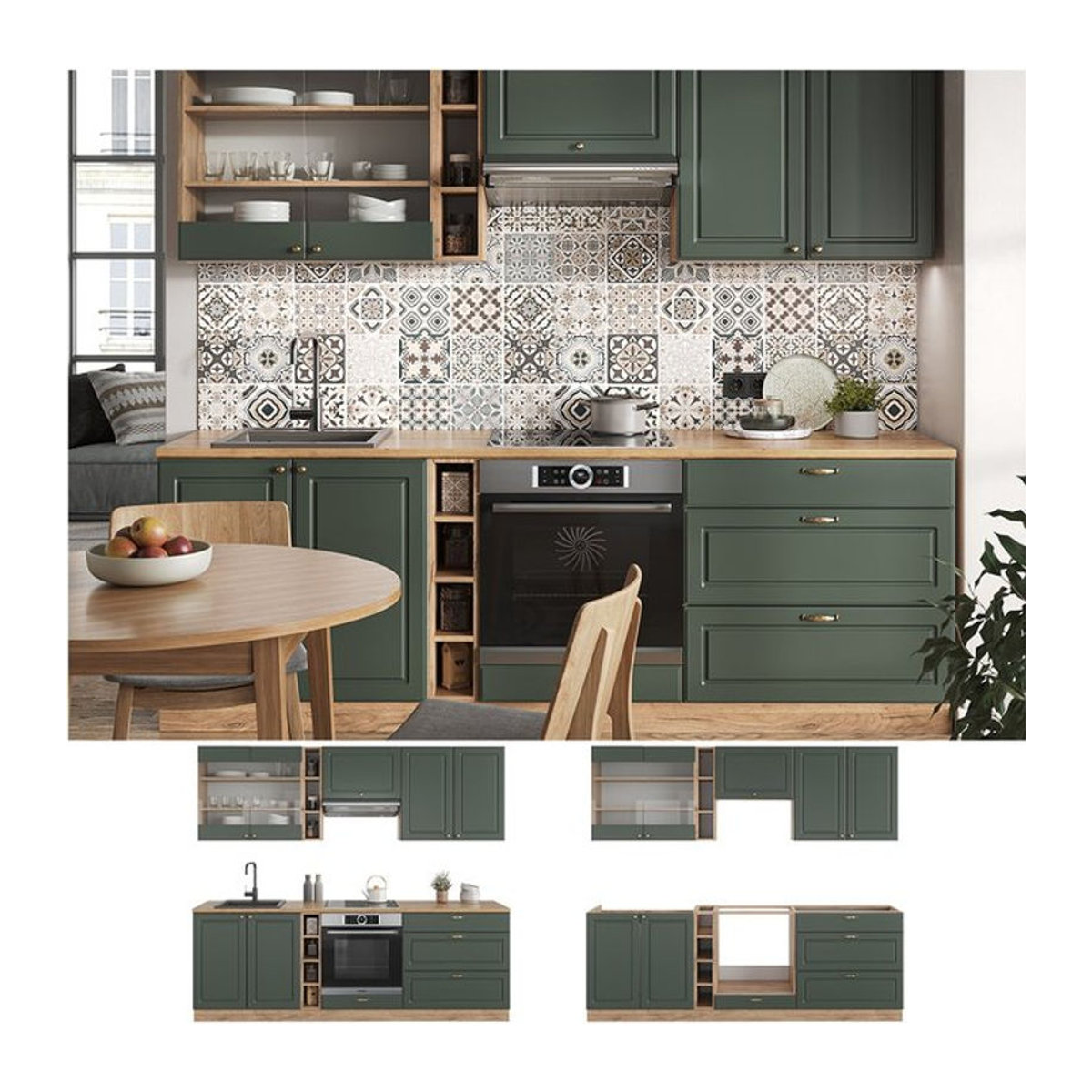 Vicco Küchenzeile Fame-Line Landhaus Eiche Grün-Gold, Breite: 235 cm - Bild 1